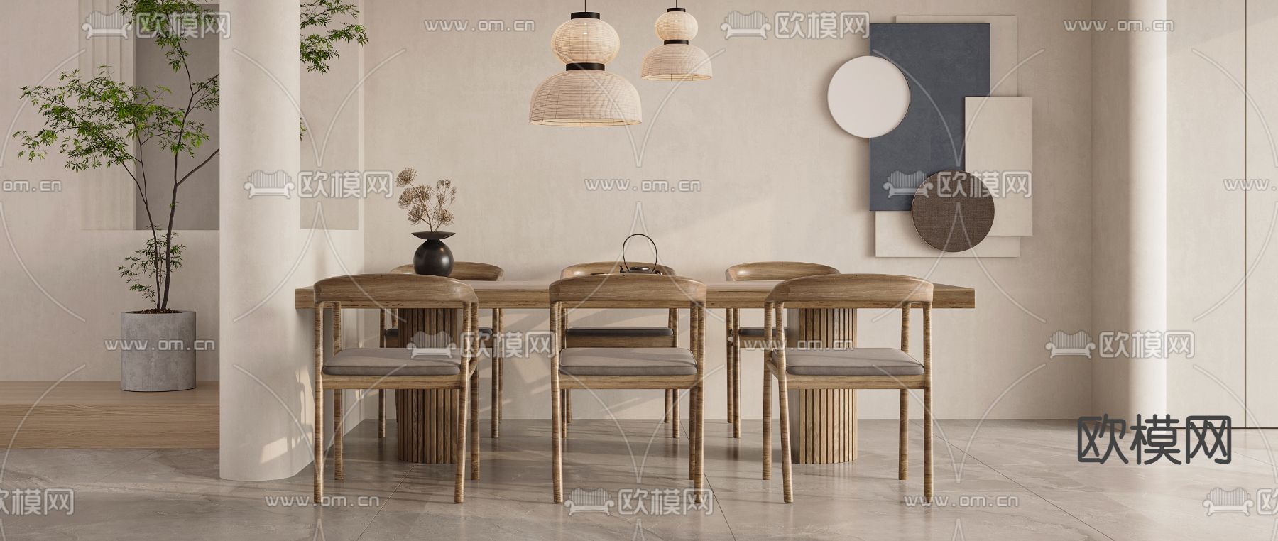 侘寂风实木餐桌椅3d模型下载（渲染图3）