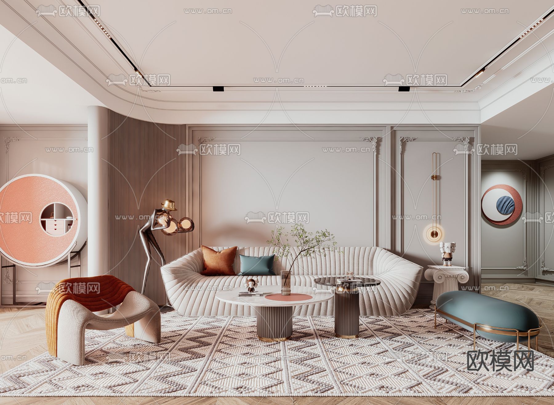 简欧布艺沙发组合3d模型下载（渲染图1）