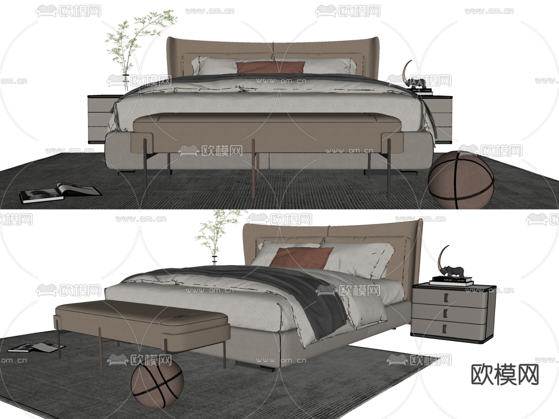 现代双人床su模型下载（渲染图2）