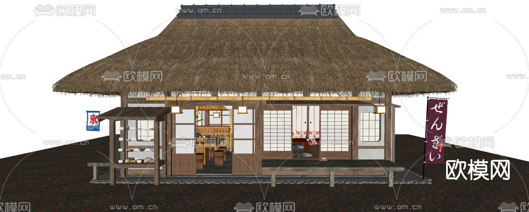 日式茅草屋酒馆客栈su模型下载（渲染图3）