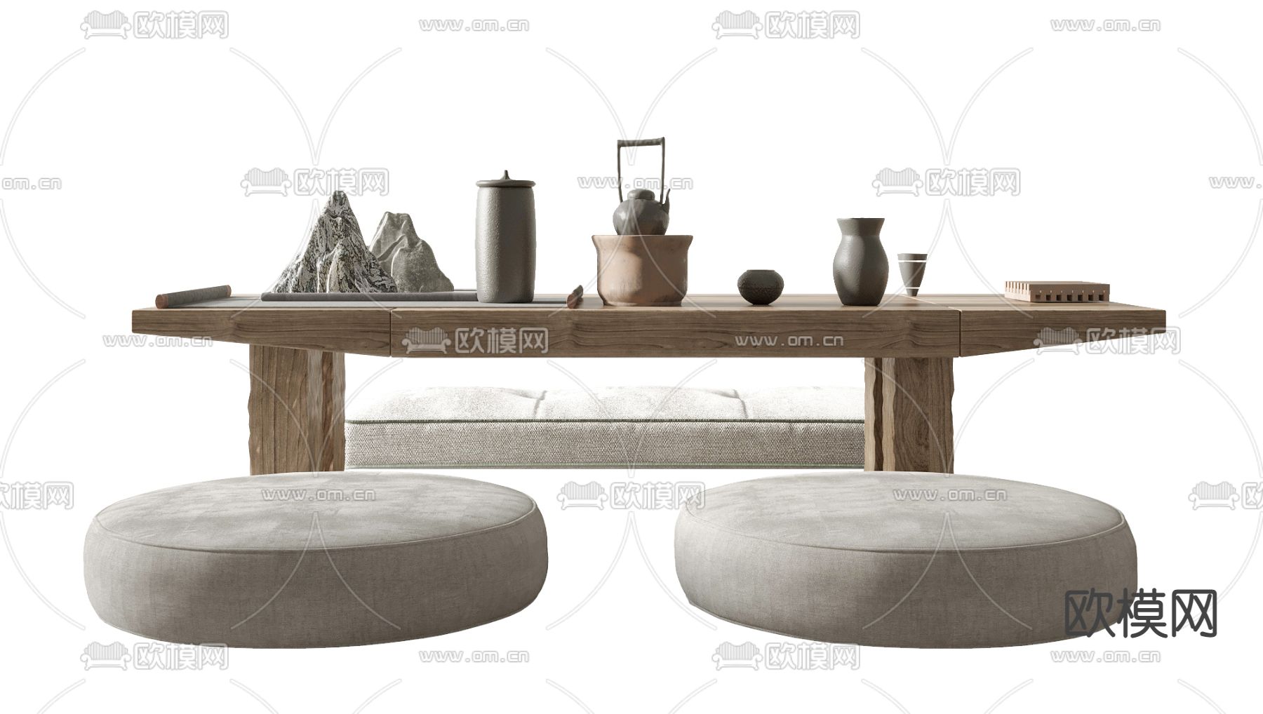 新中式实木茶桌椅3d模型下载（渲染图2）