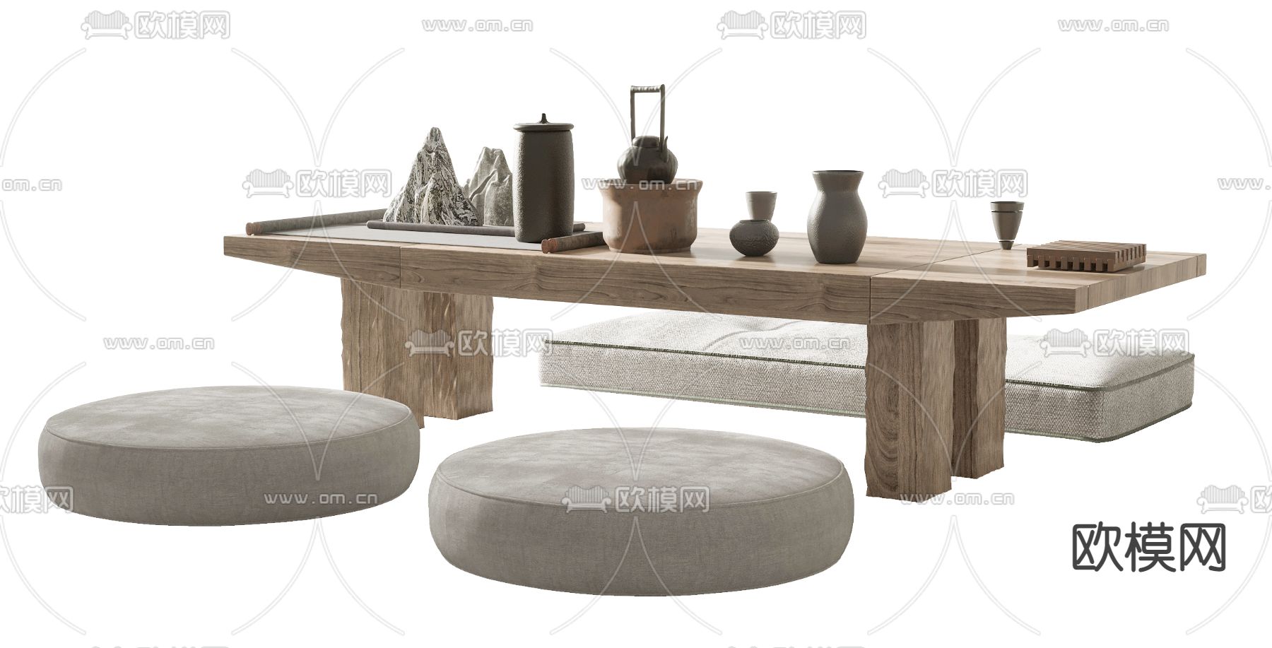 新中式实木茶桌椅3d模型下载（渲染图1）