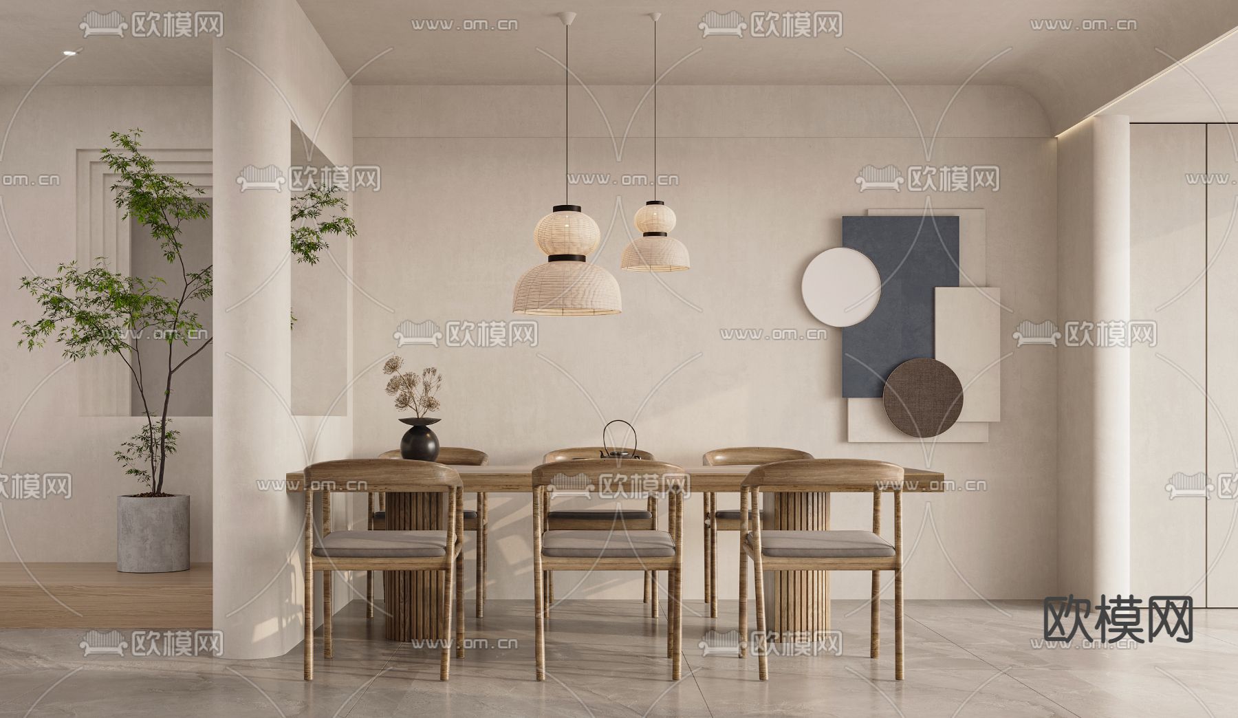 侘寂风实木餐桌椅3d模型下载（渲染图1）