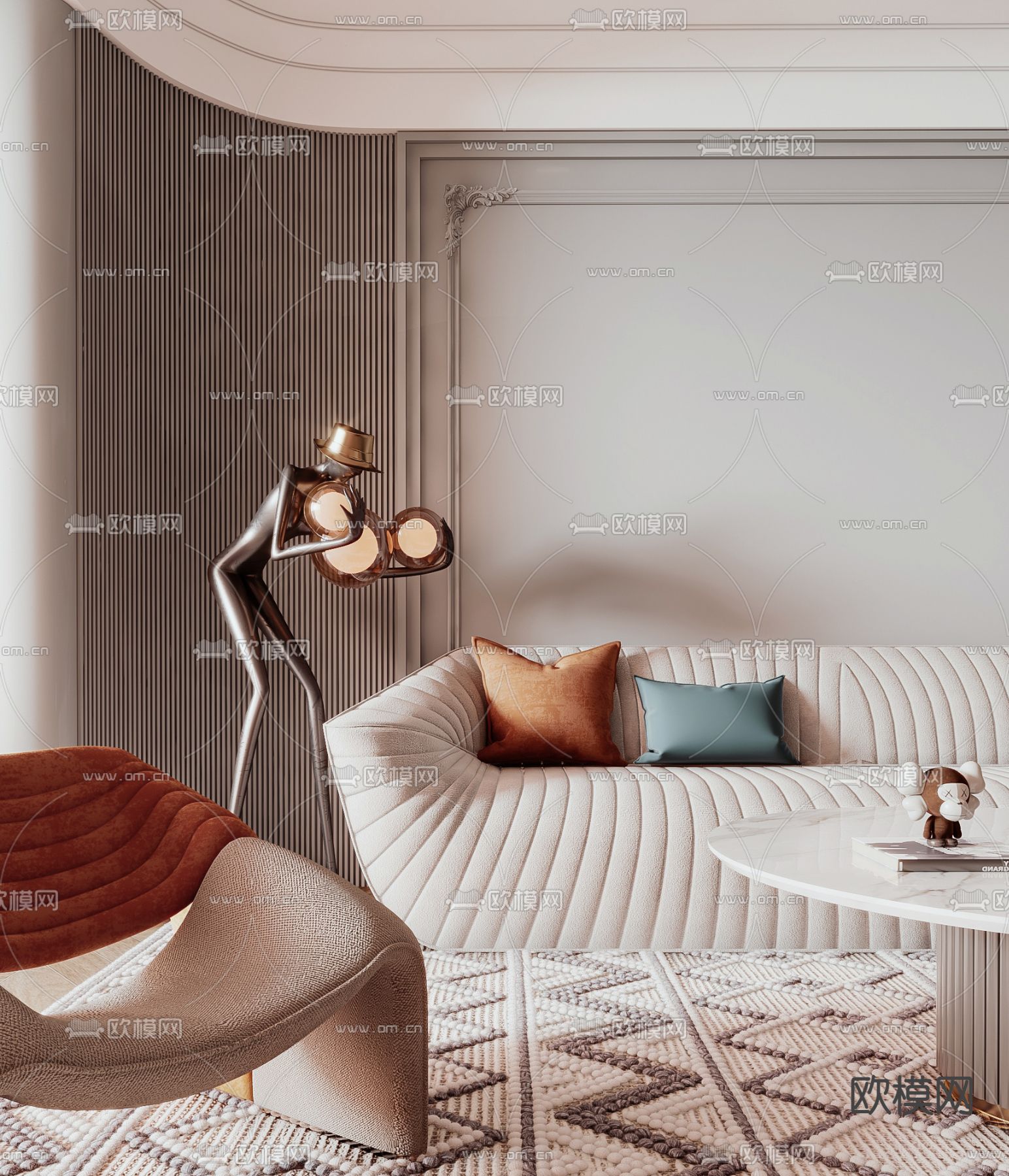 简欧布艺沙发组合3d模型下载（渲染图2）