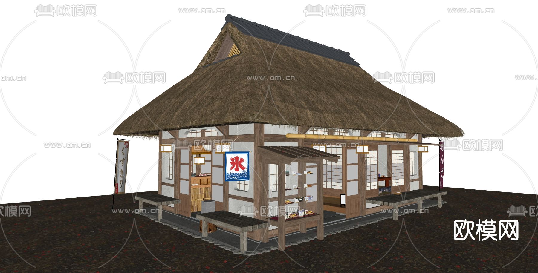 日式茅草屋酒馆客栈su模型下载（渲染图4）