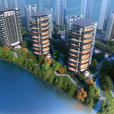  现代小区住宅楼鸟瞰su模型 