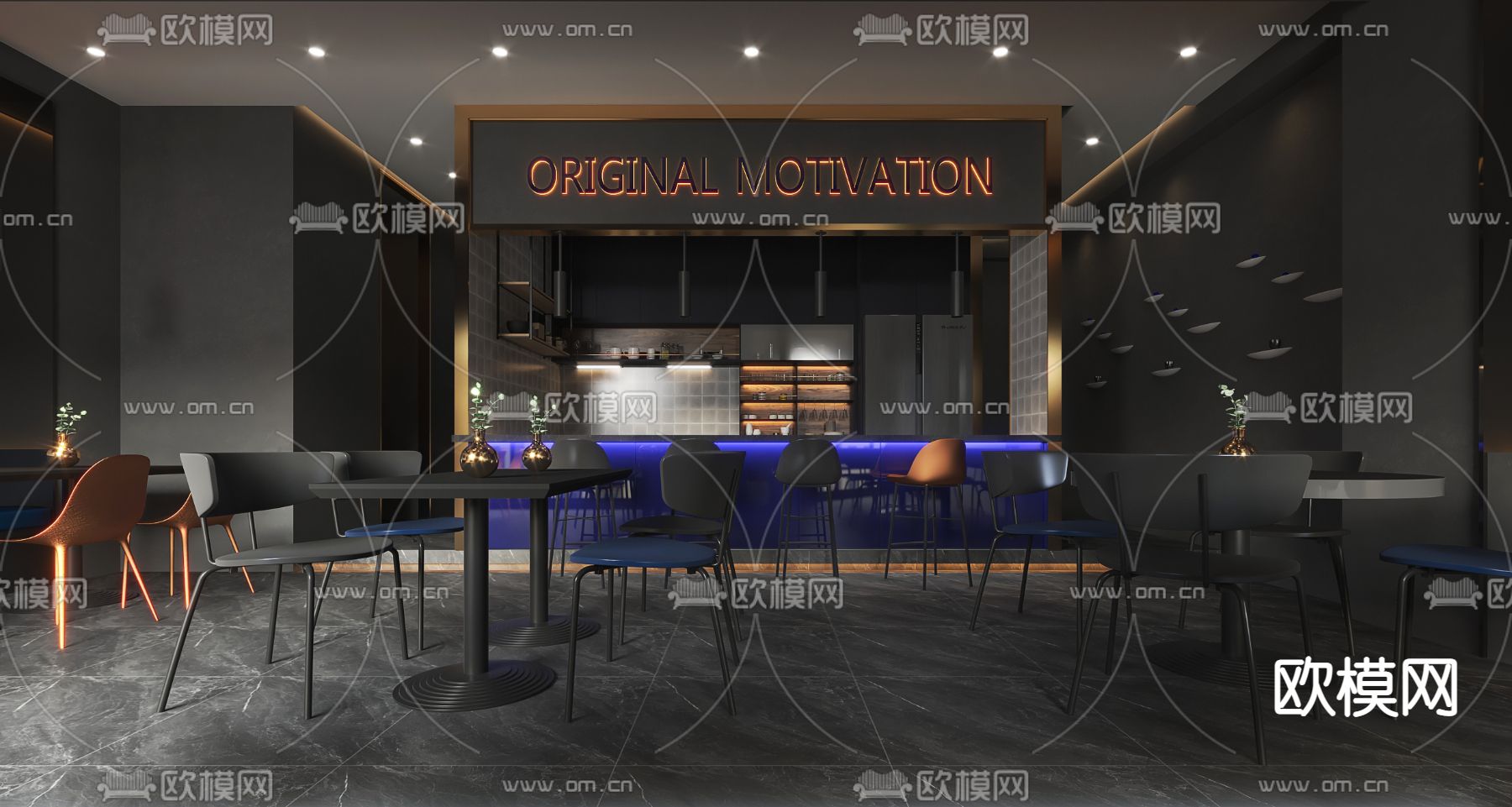 现代高级灰咖啡厅3d模型下载（渲染图1）