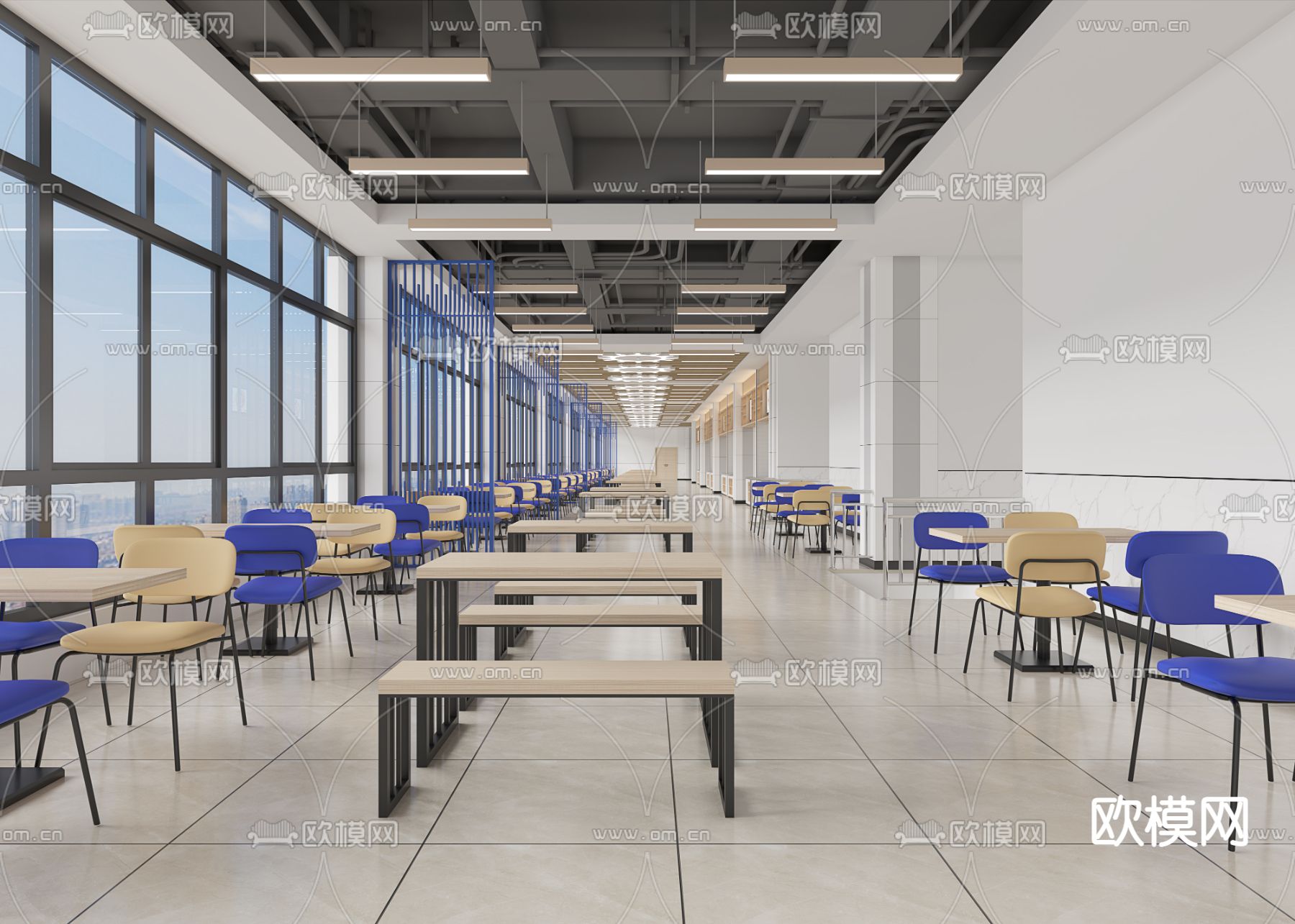现代学校食堂3d模型下载（渲染图2）