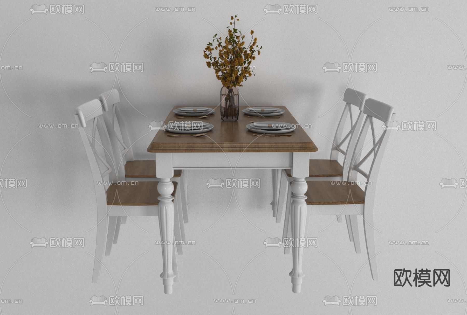 美式实木餐桌椅免费3d模型下载
