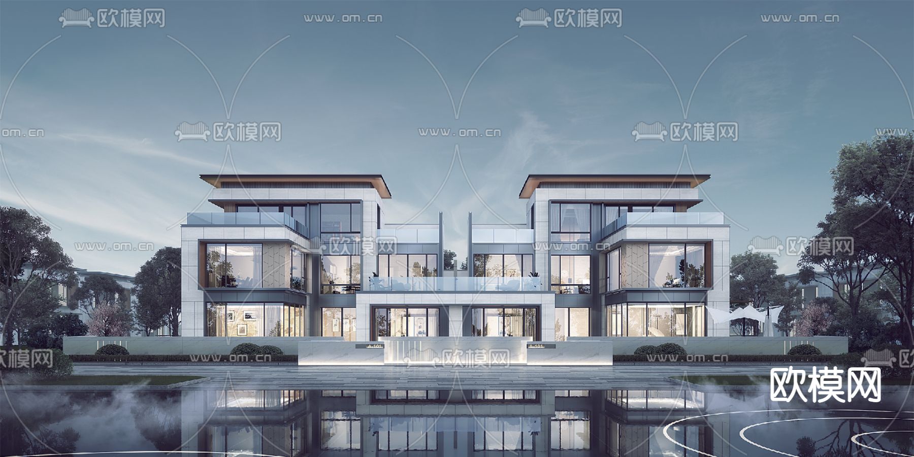 现代联排别墅外观夜景3d模型下载