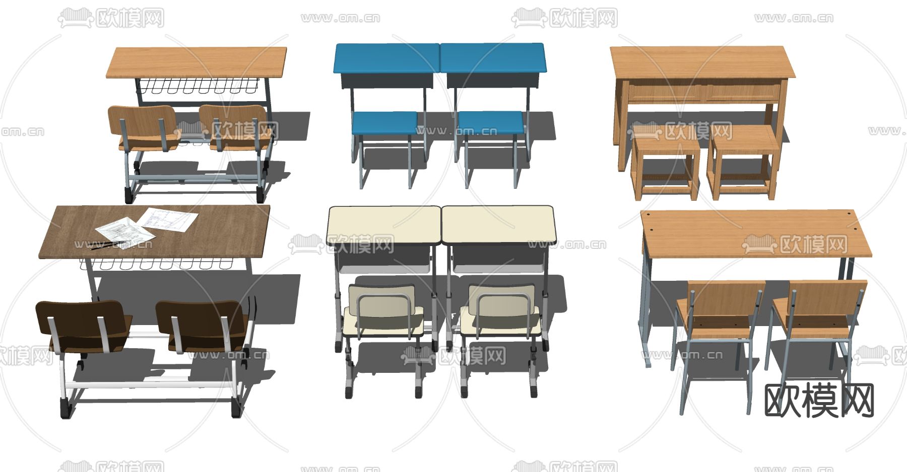 现代教室学生课桌椅su模型下载