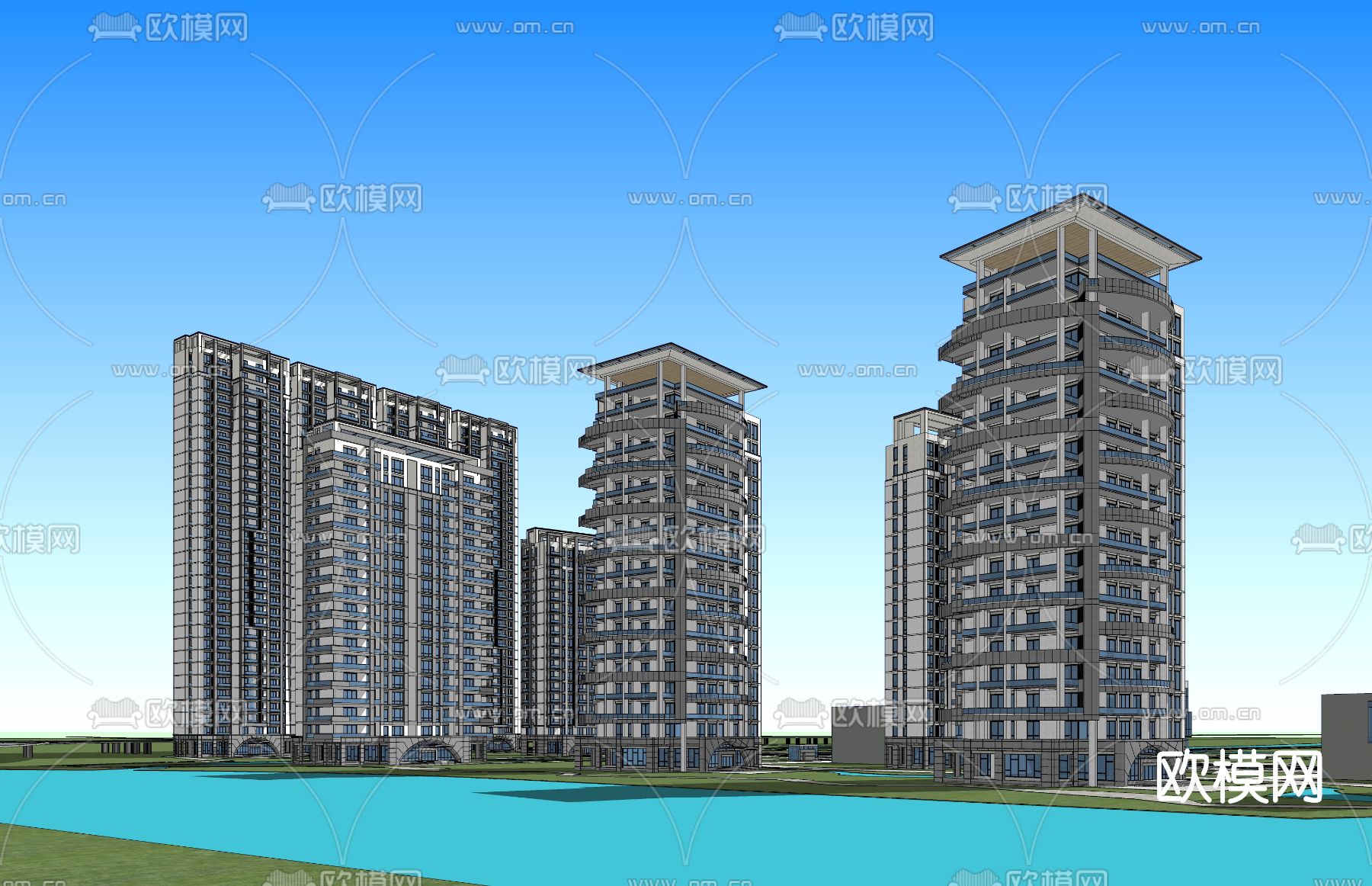 现代小区住宅楼鸟瞰su模型