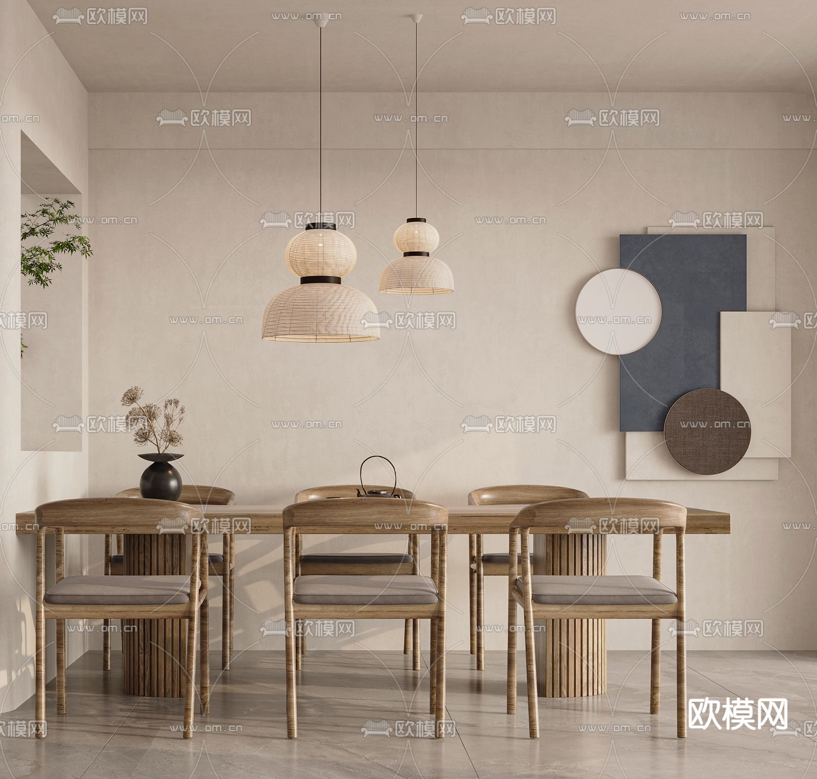 侘寂风实木餐桌椅3d模型下载（渲染图2）