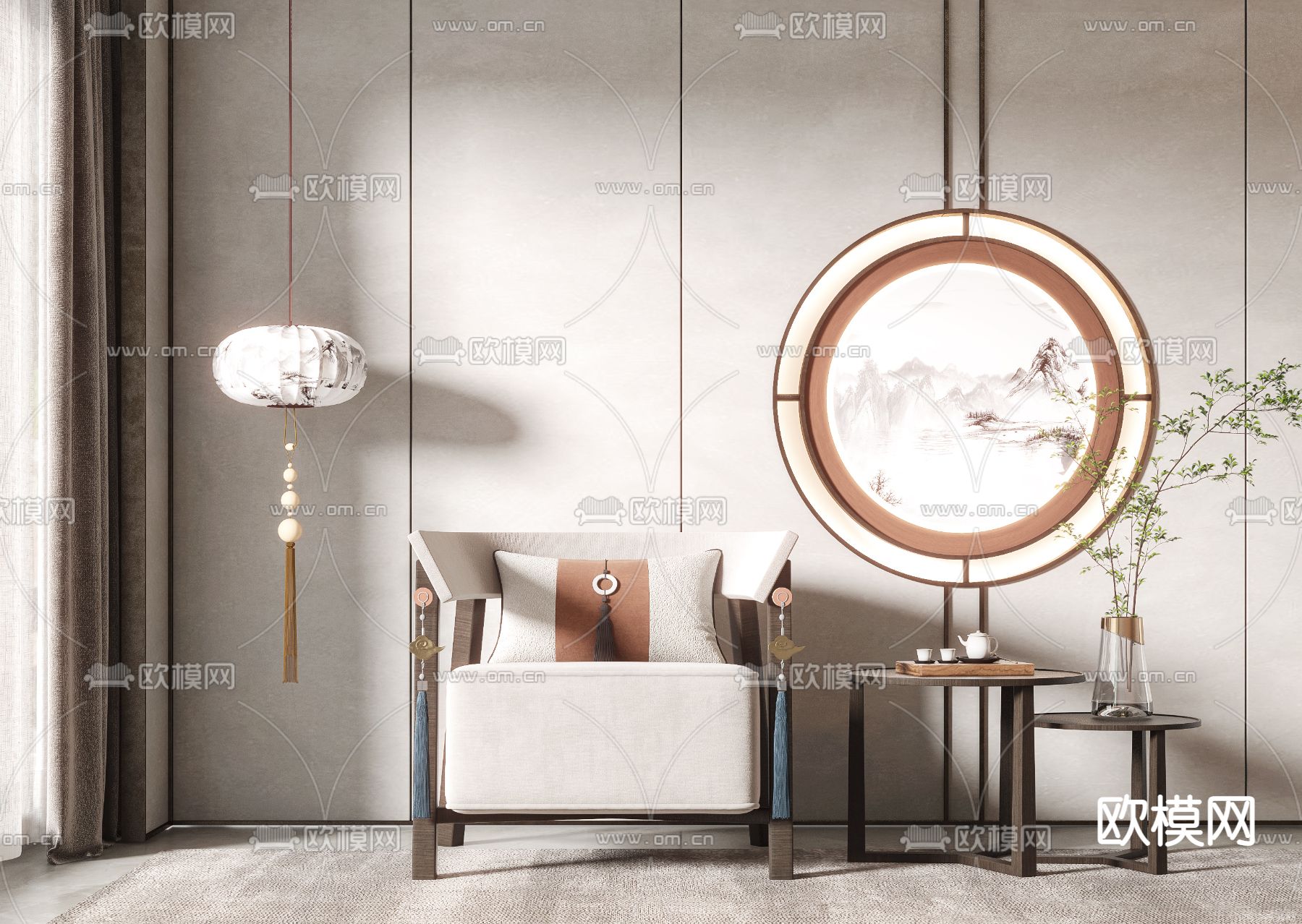 新中式布艺单人沙发3d模型下载