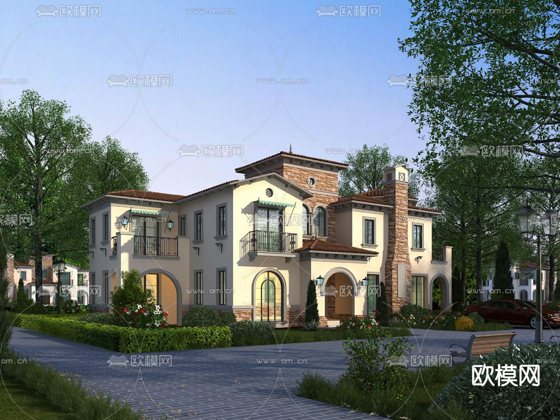 欧式独栋别墅su模型下载（渲染图1）