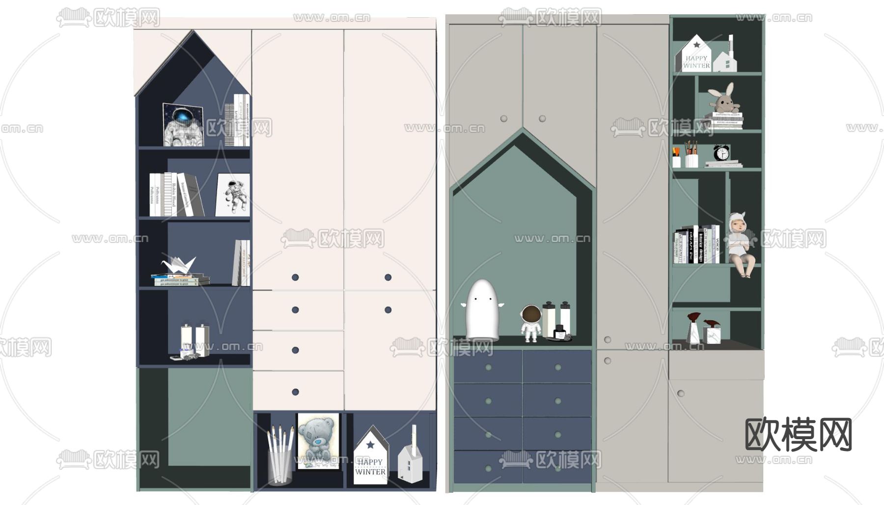 现代儿童多功能衣柜su模型下载（渲染图1）