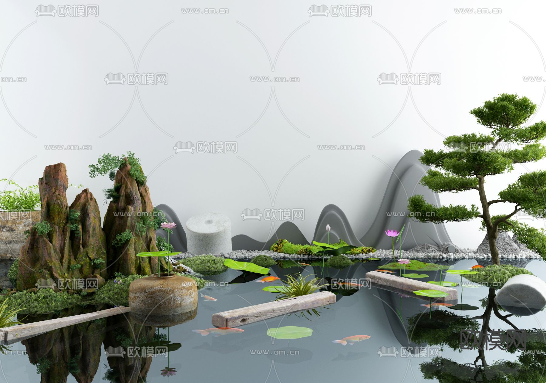 新中式假山鲤鱼池小品3d模型下载