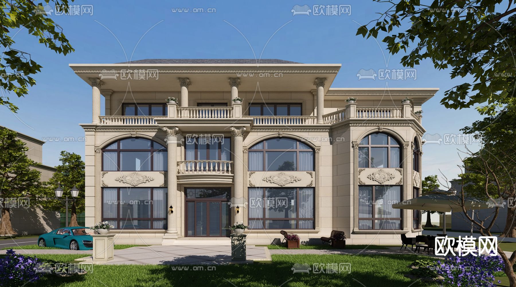 欧式独栋别墅su模型下载（渲染图1）