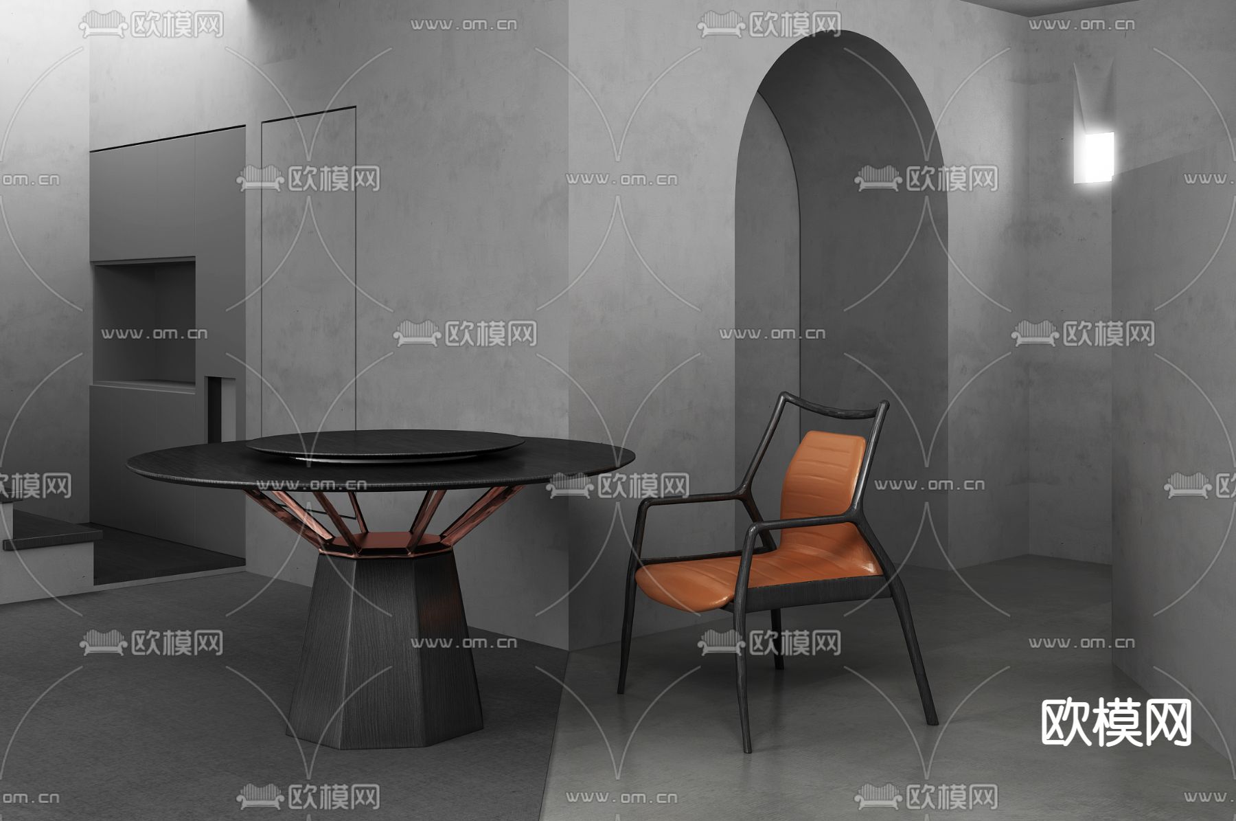 工业风圆形餐桌椅3d模型下载（渲染图1）