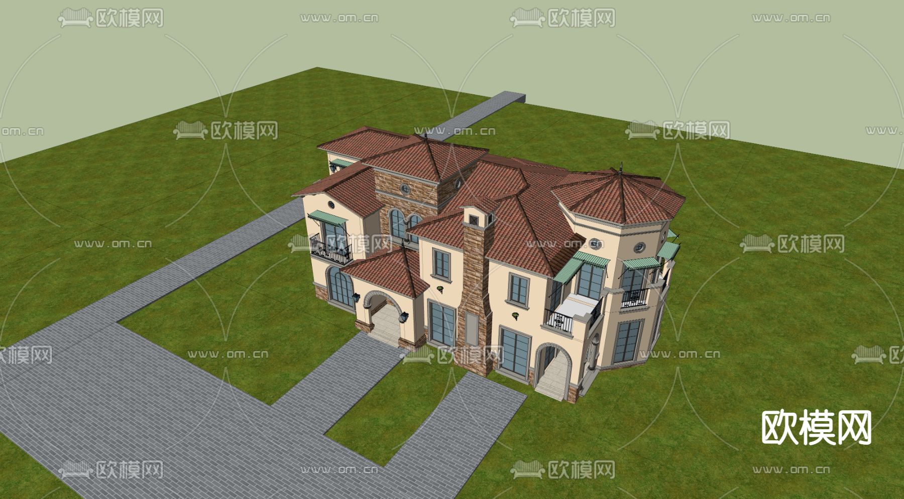欧式独栋别墅su模型下载（渲染图3）