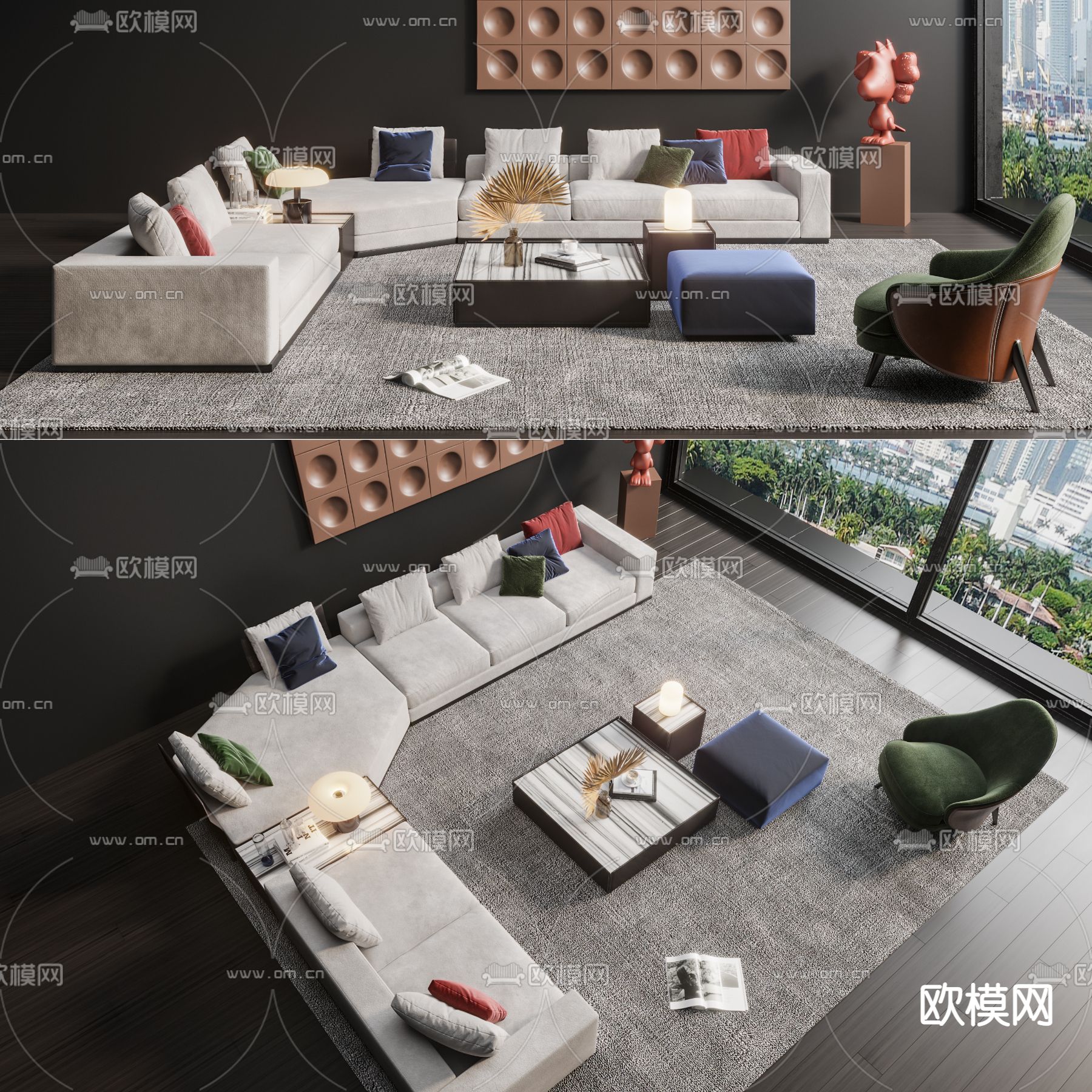 现代布艺转角沙发组合3d模型下载_ID11746170_3dmax免费模型-欧模网
