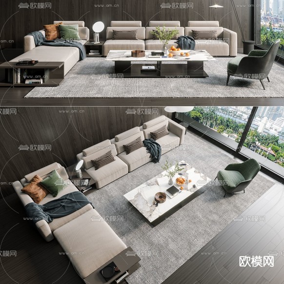 现代布艺转角沙发组合3d模型下载(渲染图1)