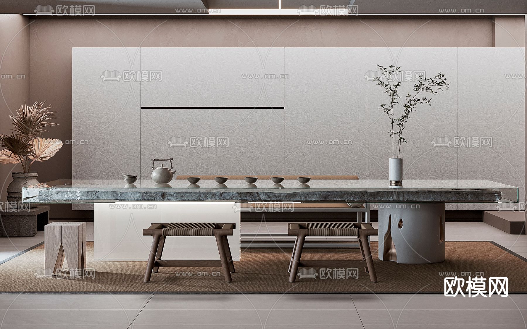 侘寂风茶室品茶区3d模型下载（渲染图2）