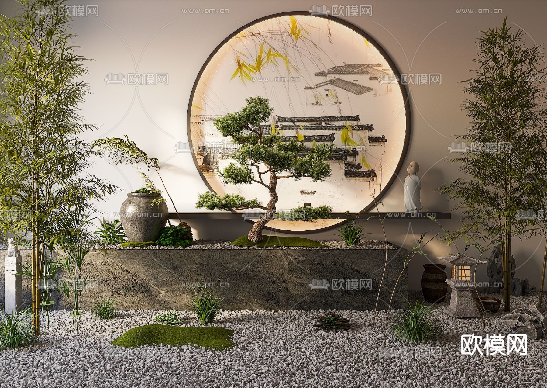 新中式松树竹子石头小品3d模型下载