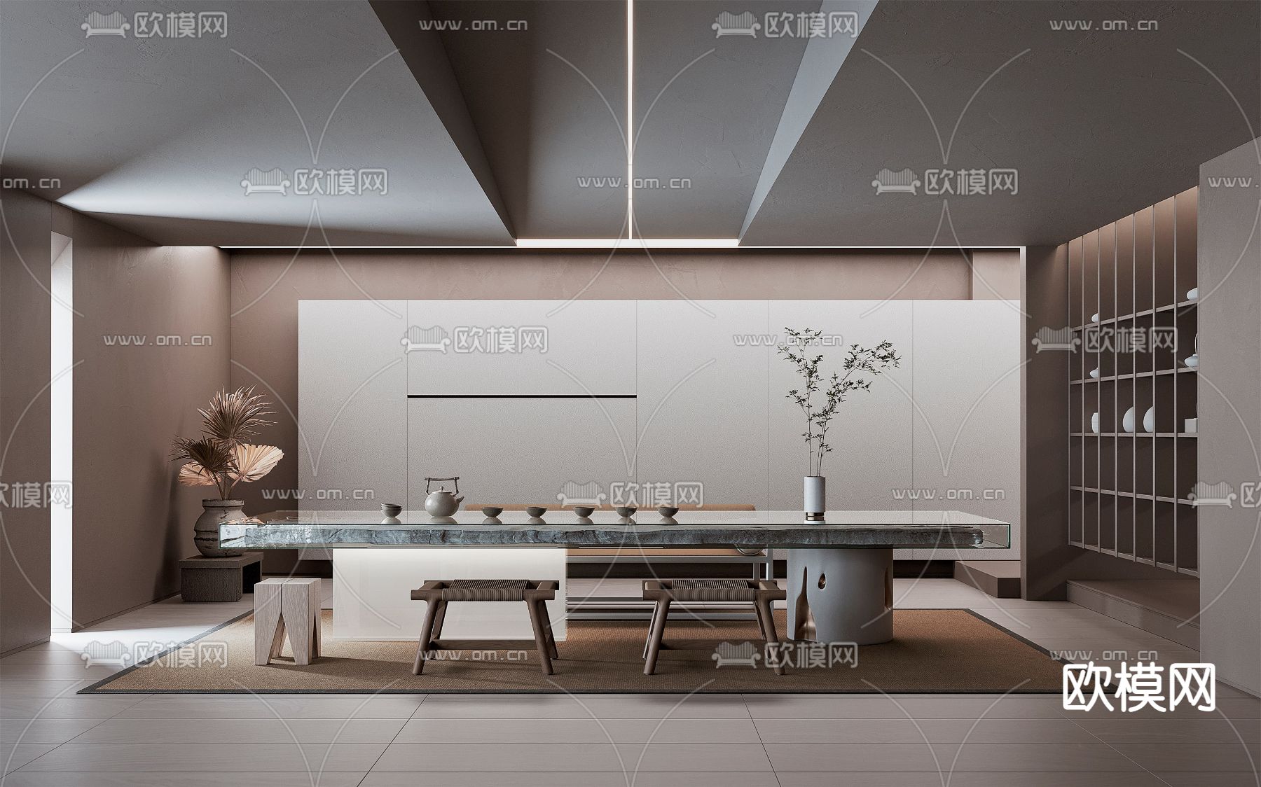 侘寂风茶室品茶区3d模型下载（渲染图1）