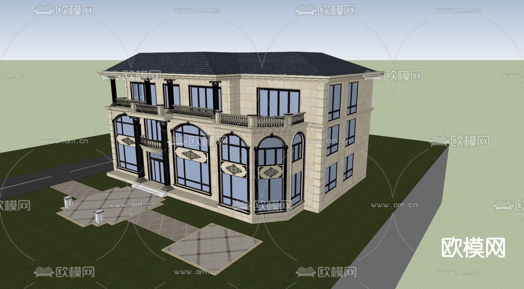 欧式独栋别墅su模型下载（渲染图3）