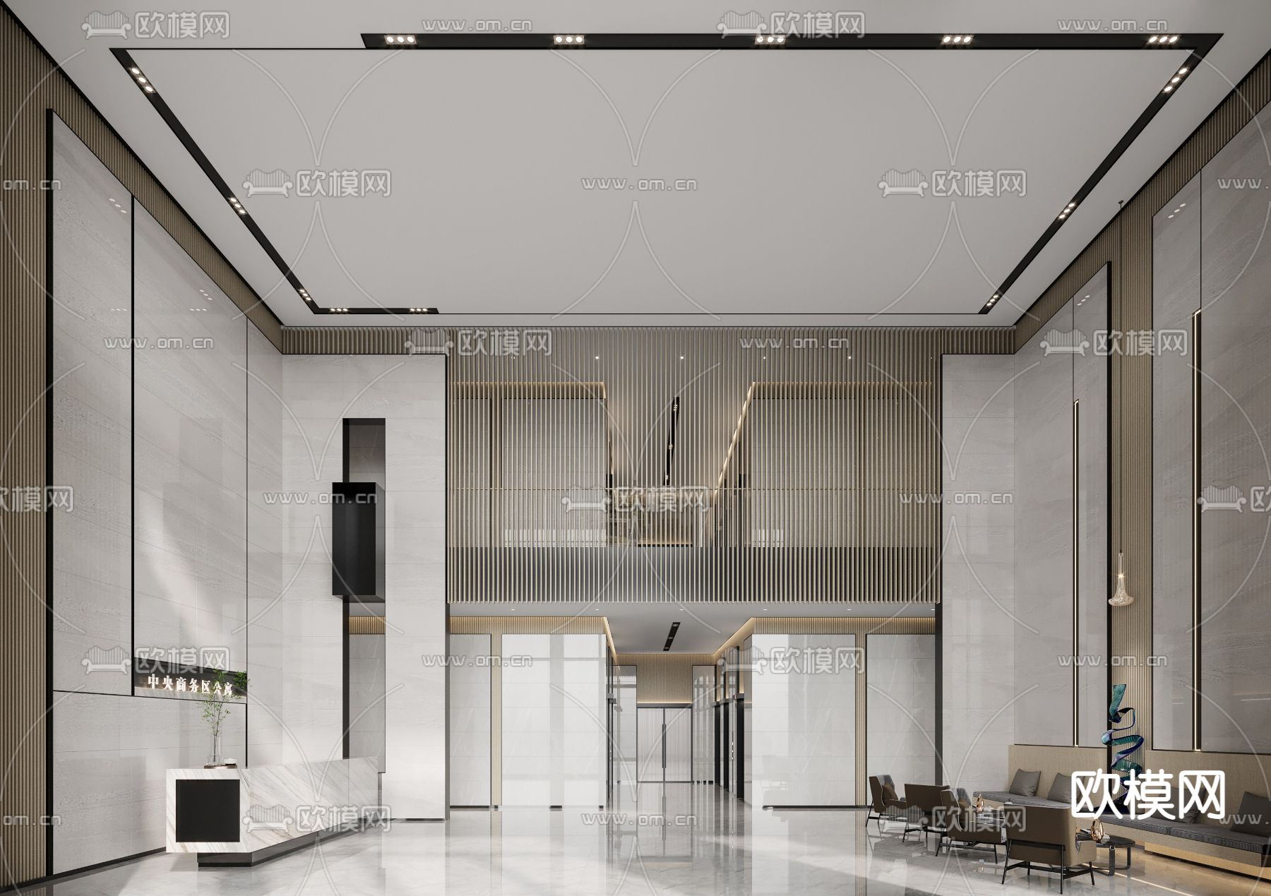 现代办公楼前台大厅3d模型下载（渲染图3）
