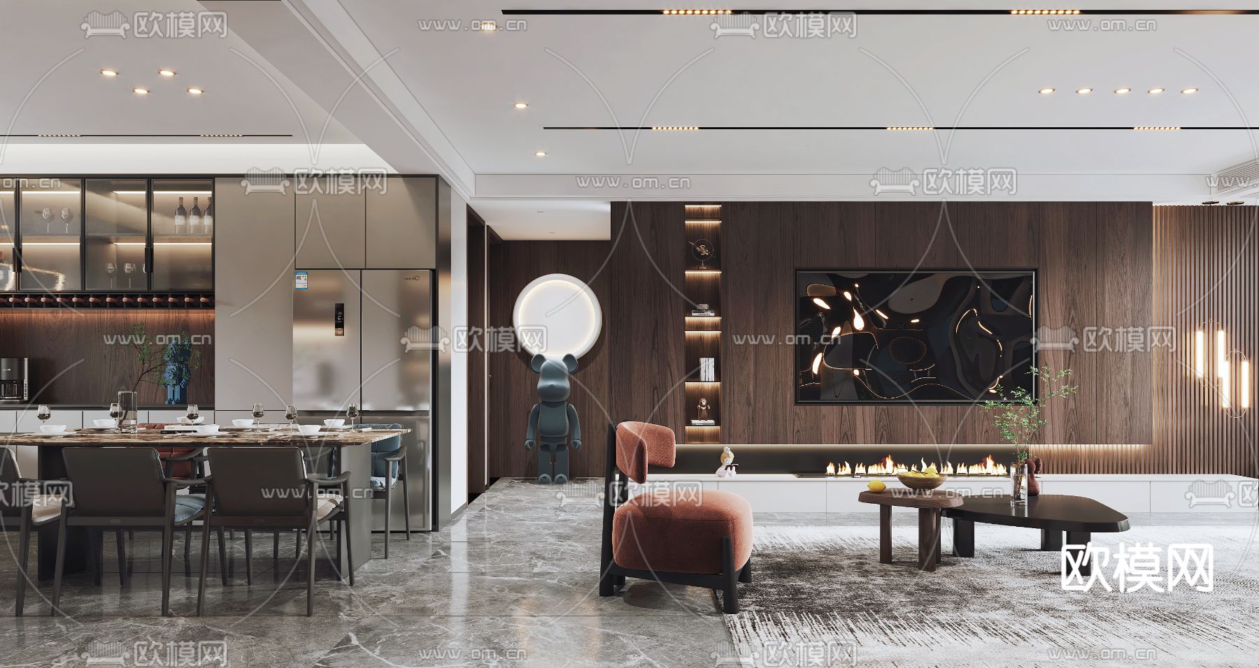 现代轻奢客厅餐厅3d模型下载（渲染图3）