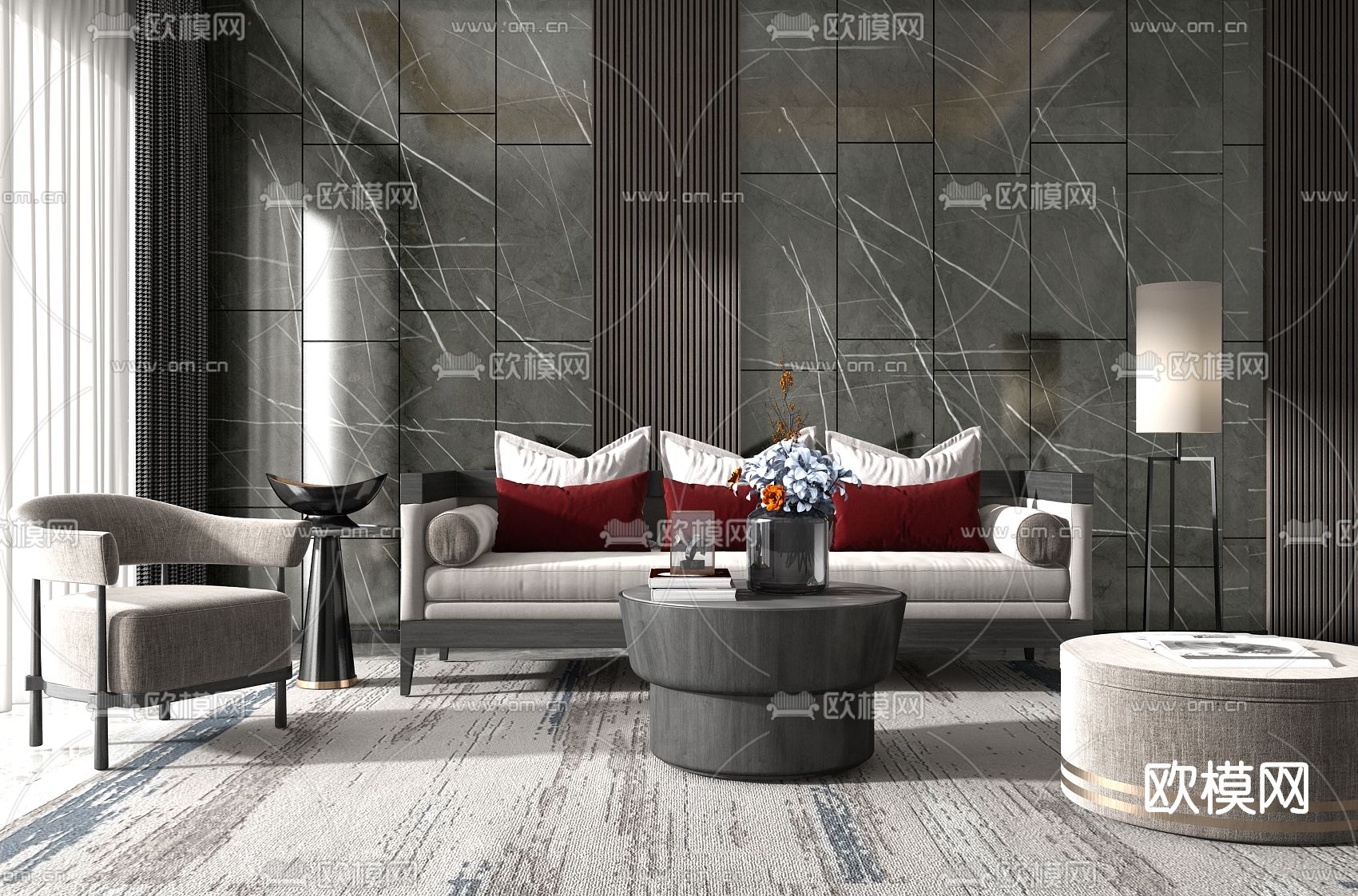 现代布艺沙发组合su模型下载