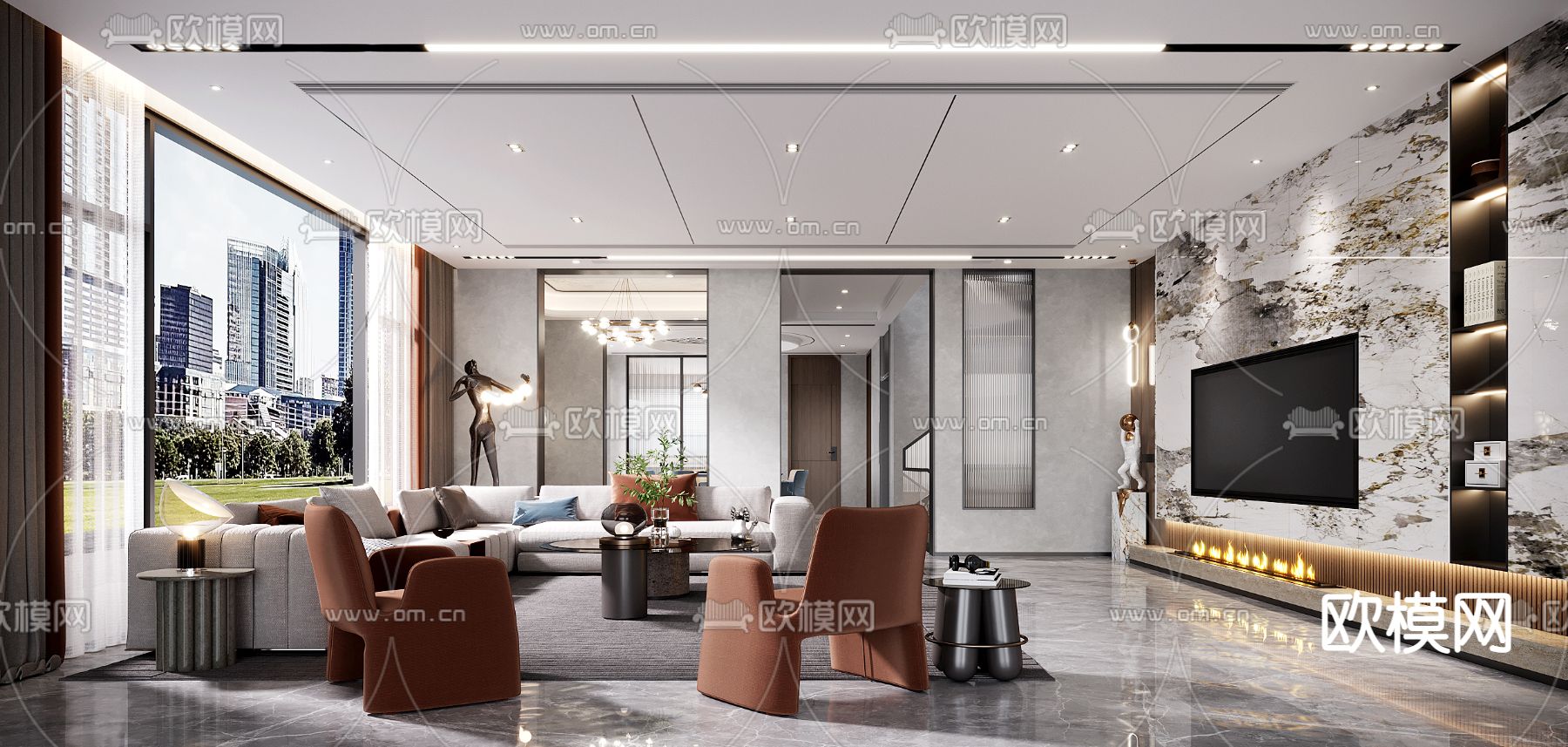 现代轻奢客厅餐厅3d模型下载（渲染图1）