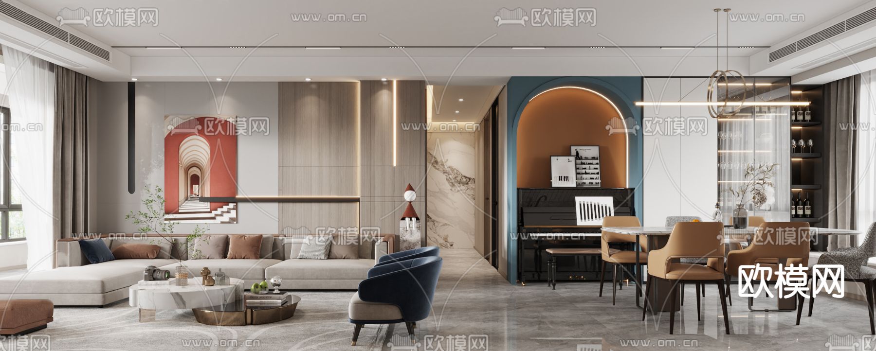 现代轻奢客厅餐厅3d模型