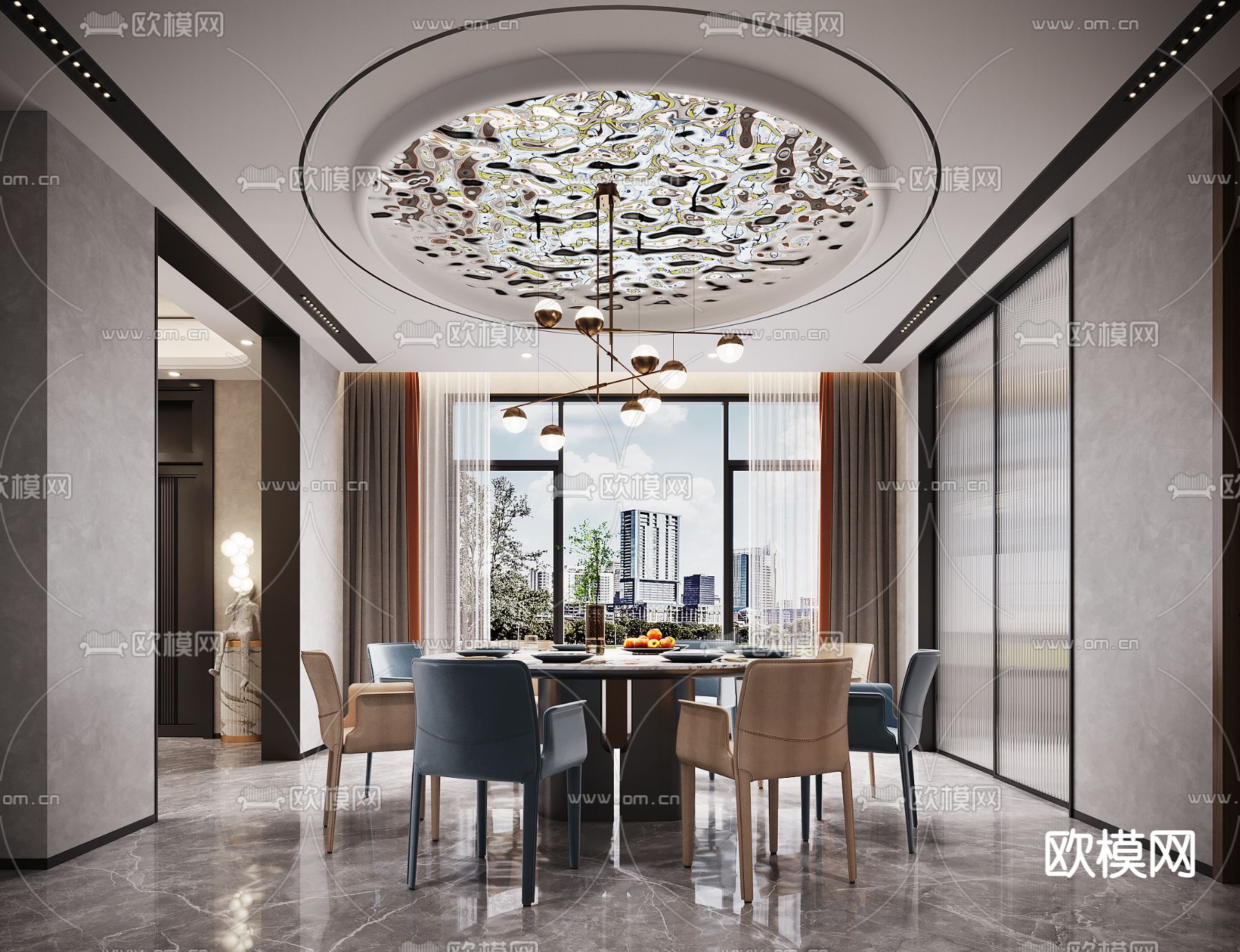 现代轻奢客厅餐厅3d模型下载（渲染图2）