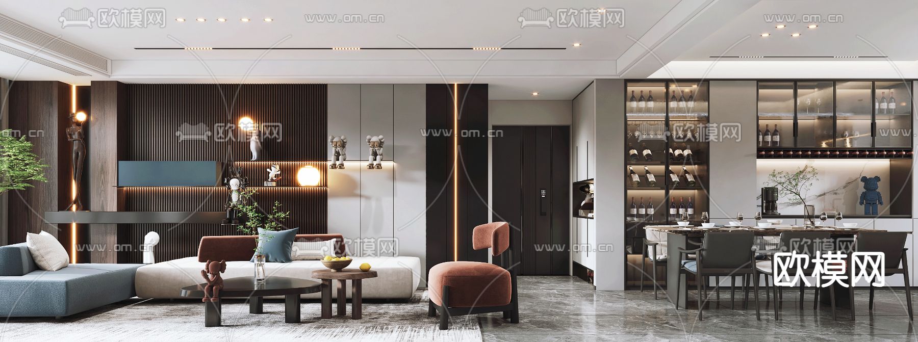现代轻奢客厅餐厅3d模型下载（渲染图2）
