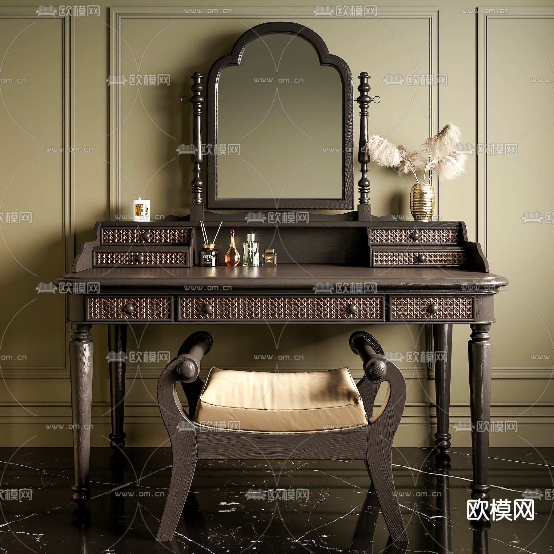 美式实木梳妆台3d模型