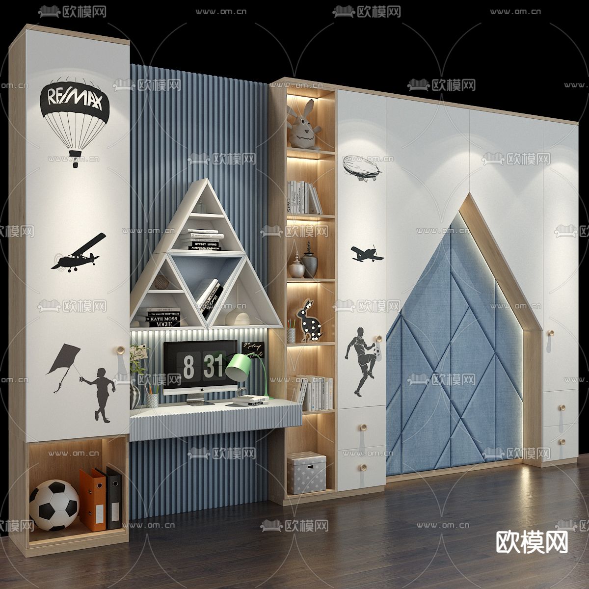 现代一体式儿童柜3d模型下载（渲染图3）