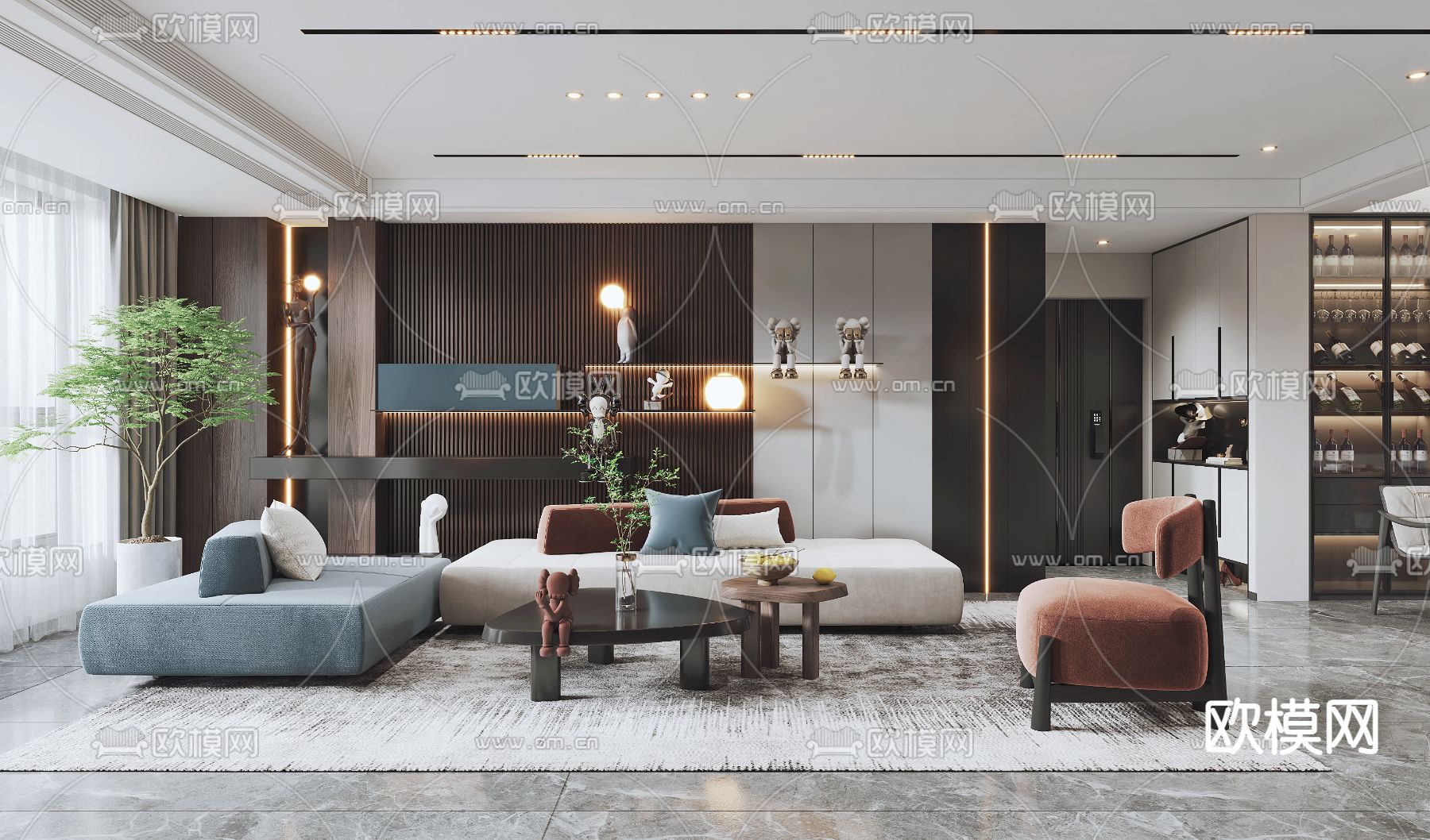 现代轻奢客厅餐厅3d模型下载（渲染图1）