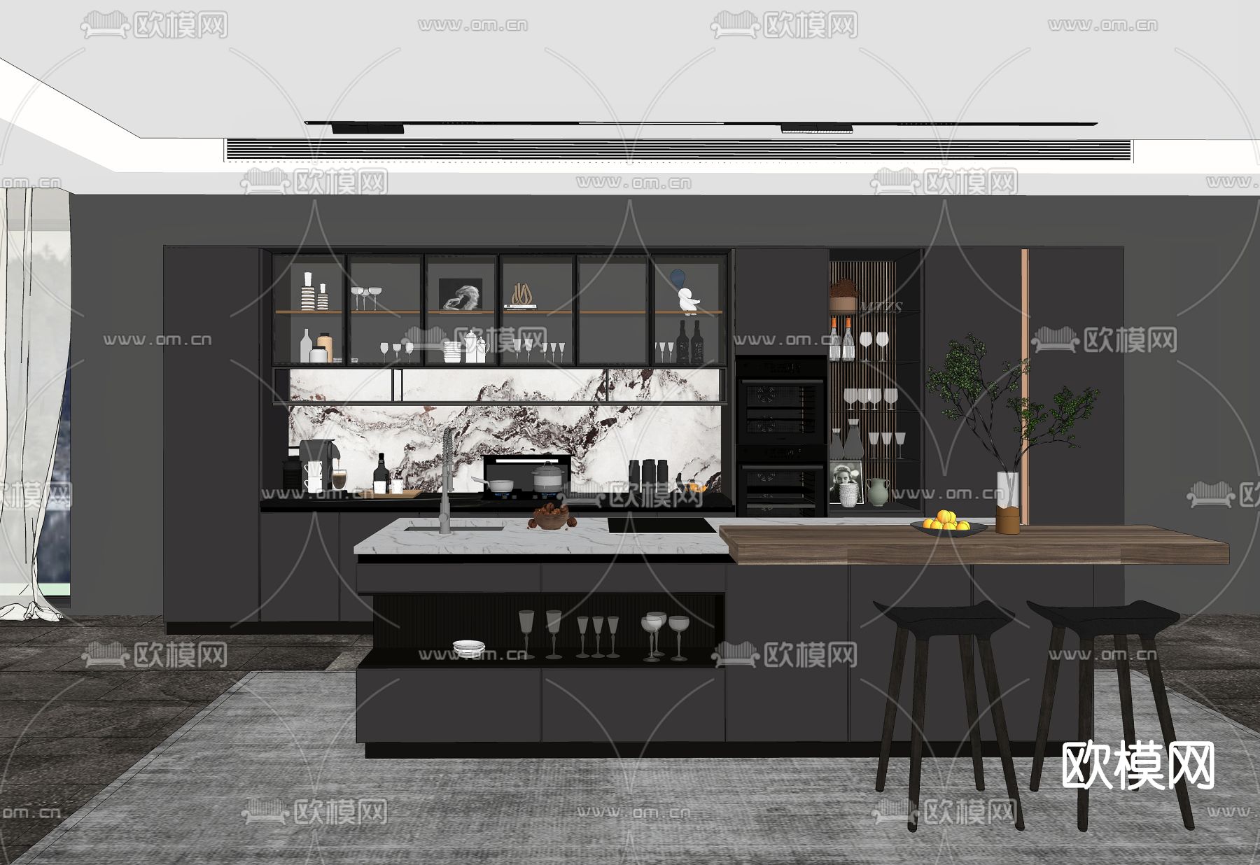现代开放式厨房su模型下载（渲染图2）