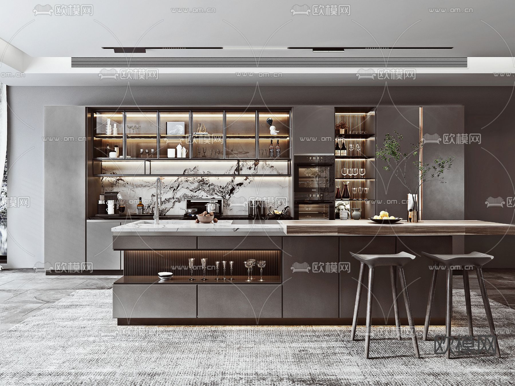 现代开放式厨房su模型下载（渲染图1）