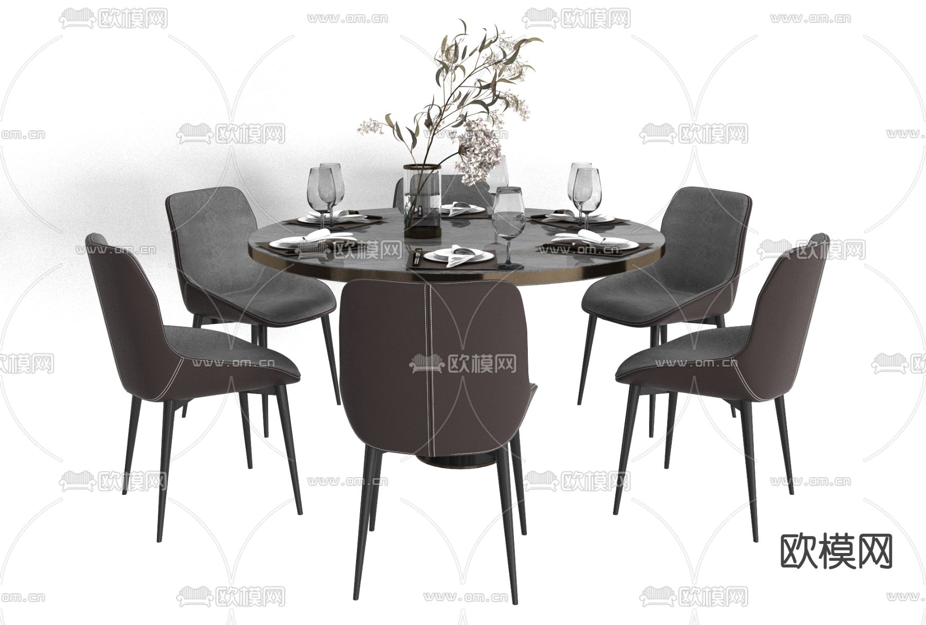 现代轻奢圆形餐桌椅免费3d模型下载