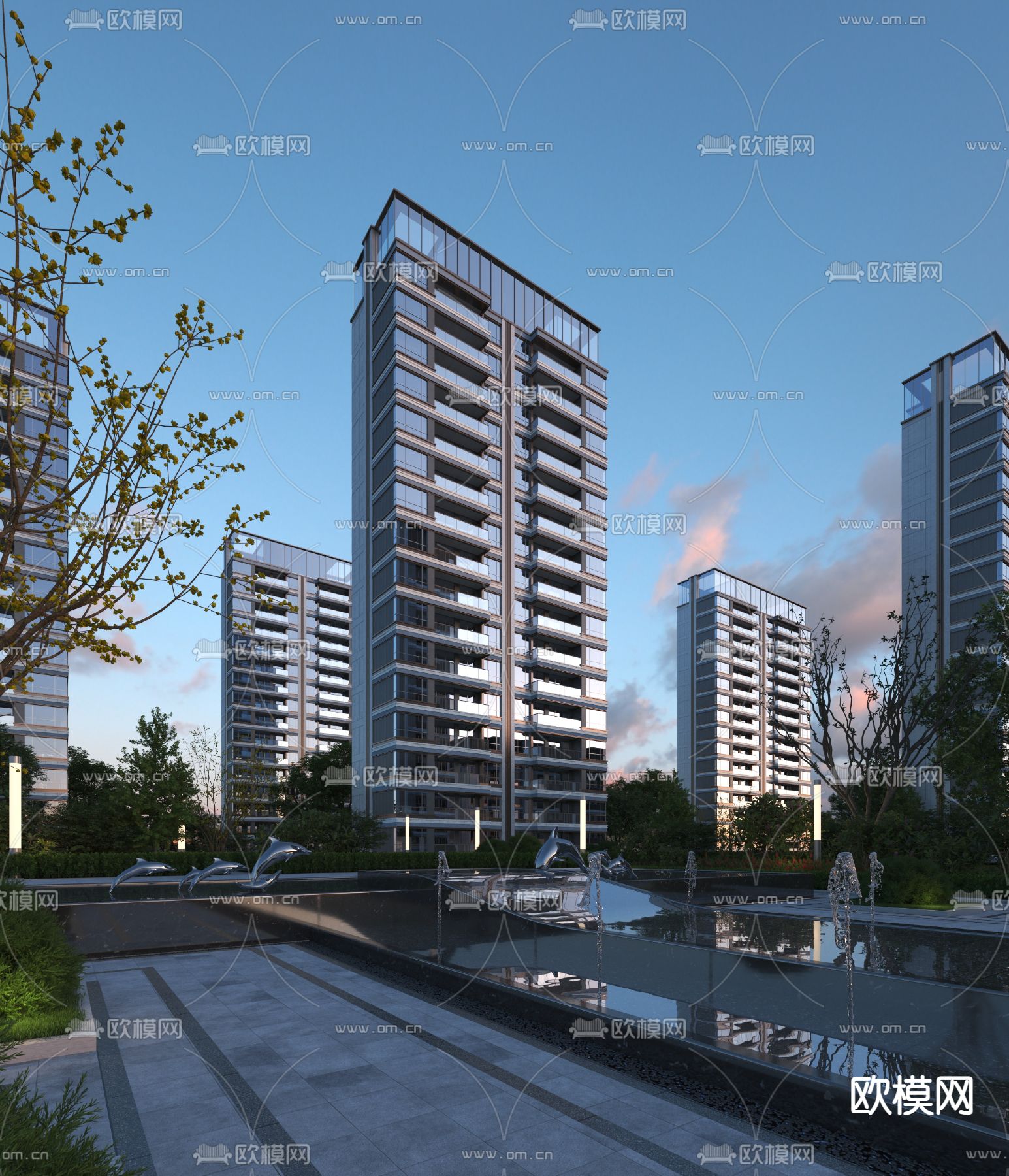 现代高层住宅楼外观3d模型下载