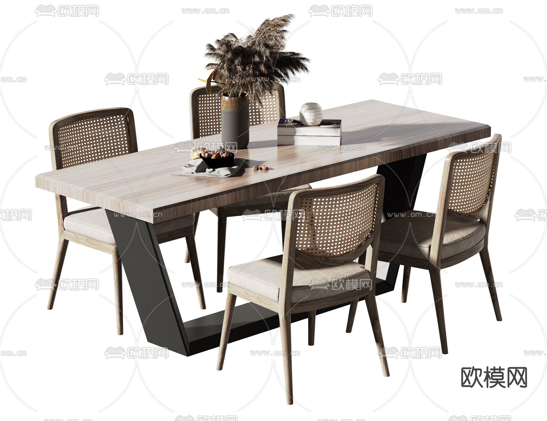 侘寂风实木藤编餐桌椅3d模型下载
