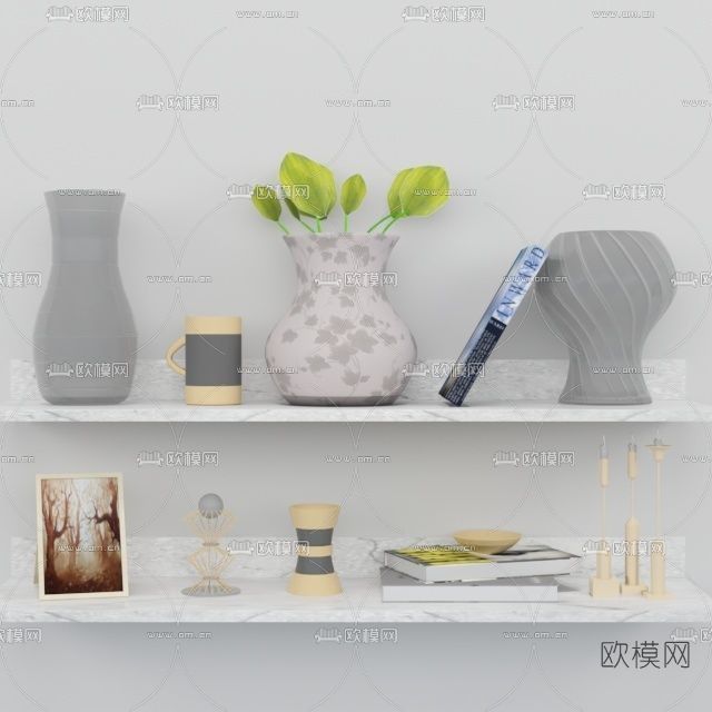 现代绿植花瓶书籍摆件免费3d模型下载