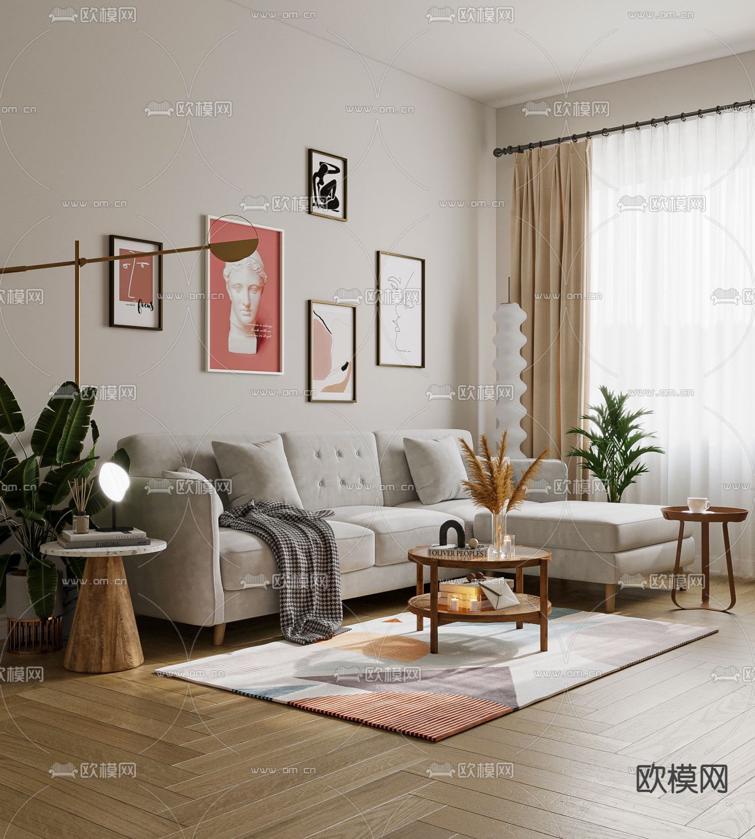 北欧布艺转角沙发组合3d模型下载