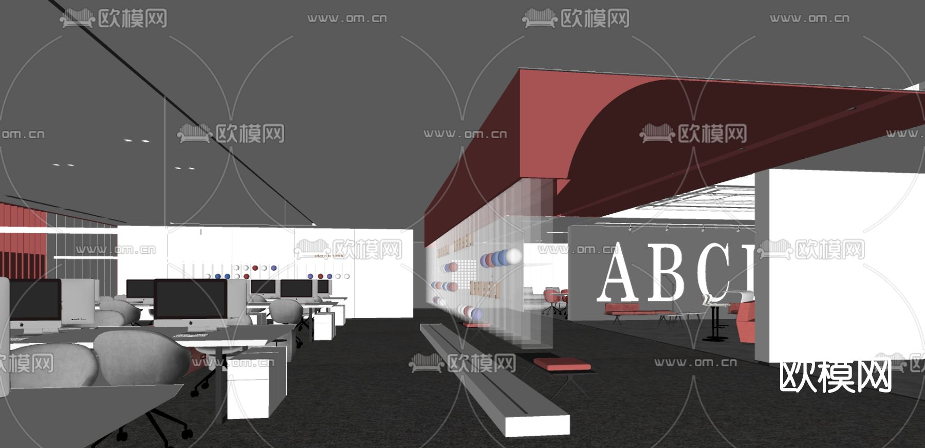 现代公共办公区su模型下载