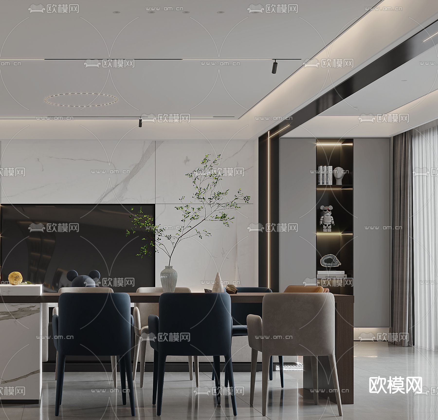 现代轻奢客厅餐厅3d模型