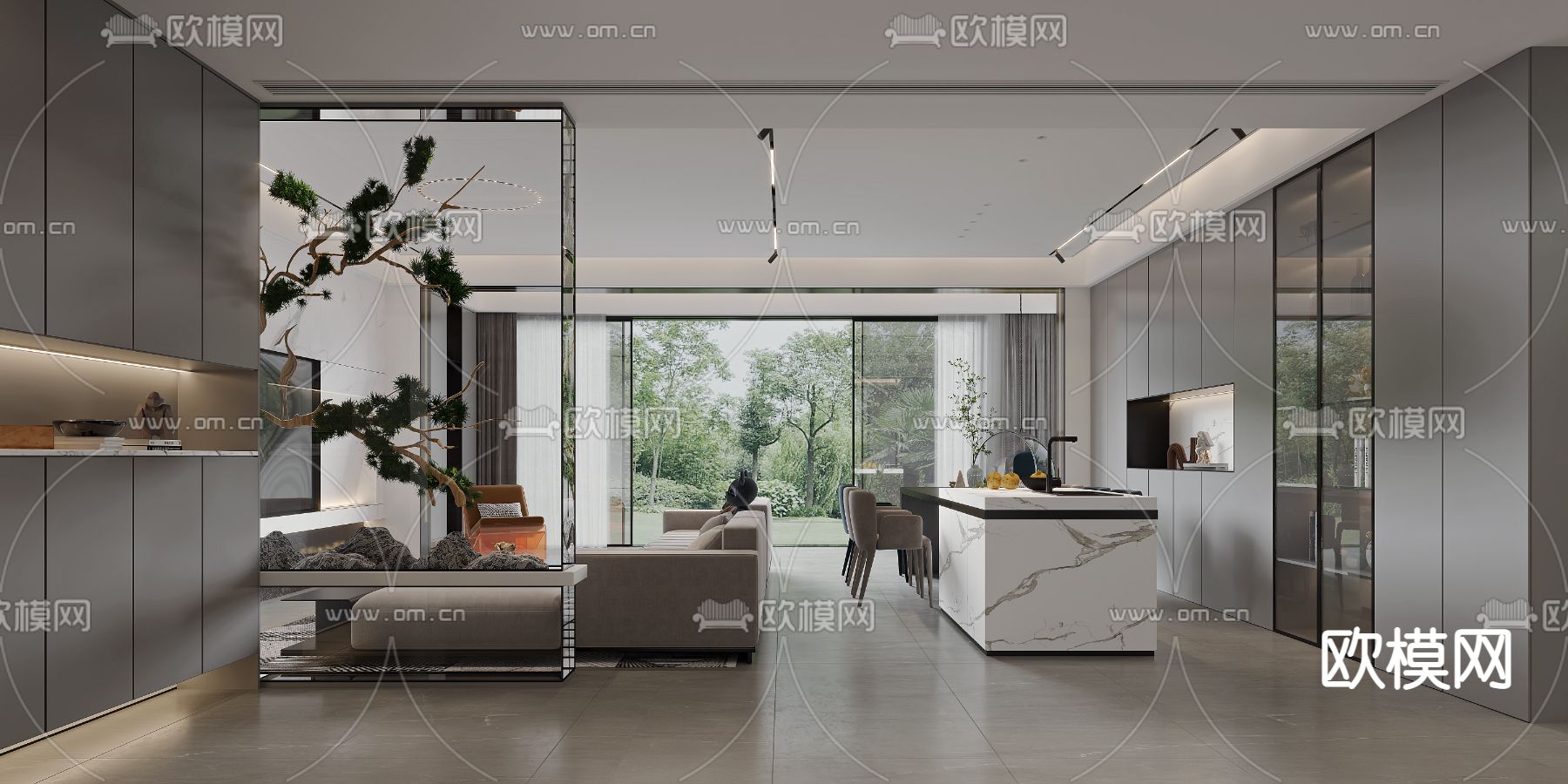 现代轻奢客厅餐厅3d模型